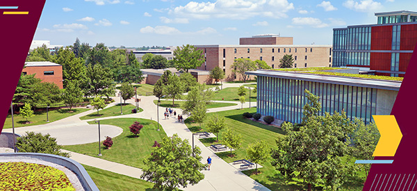 An aerial photo of academic buildings on Central Michigan University's campus.